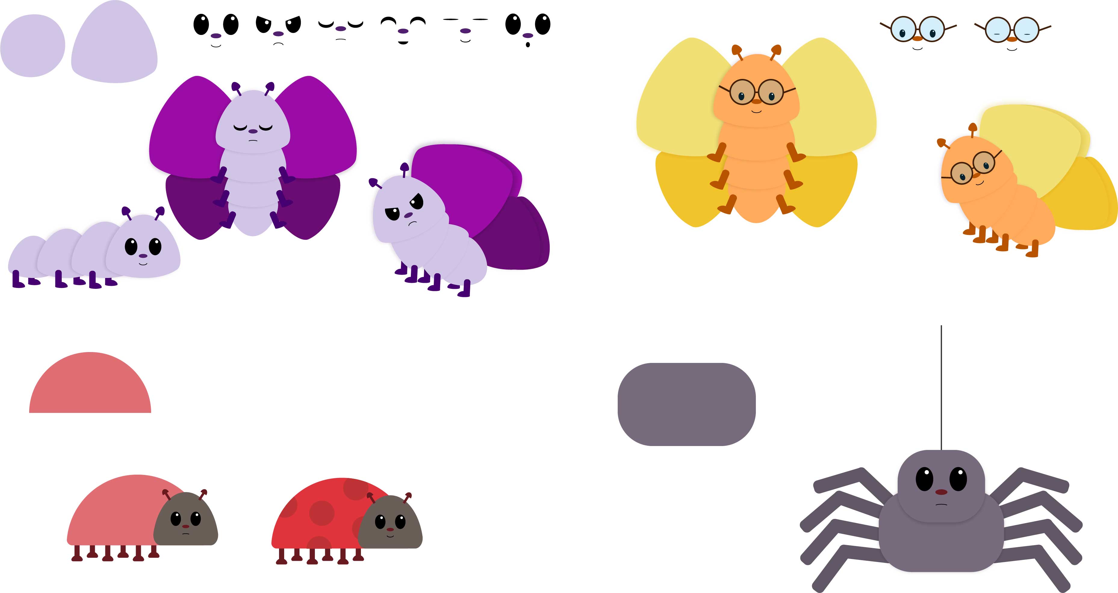 Designs of the characters Cee, Grandma Butterfly, Ladybird and Spider