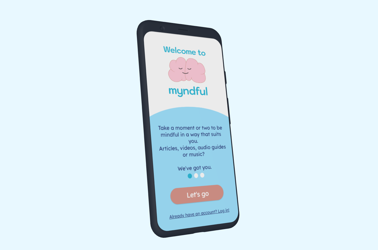 Myndful app launch screen mocked up on a mobile device