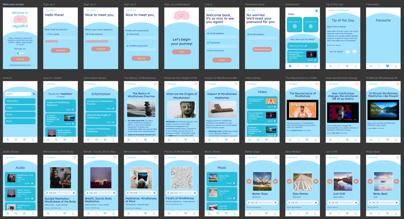 Finished app prototype screens