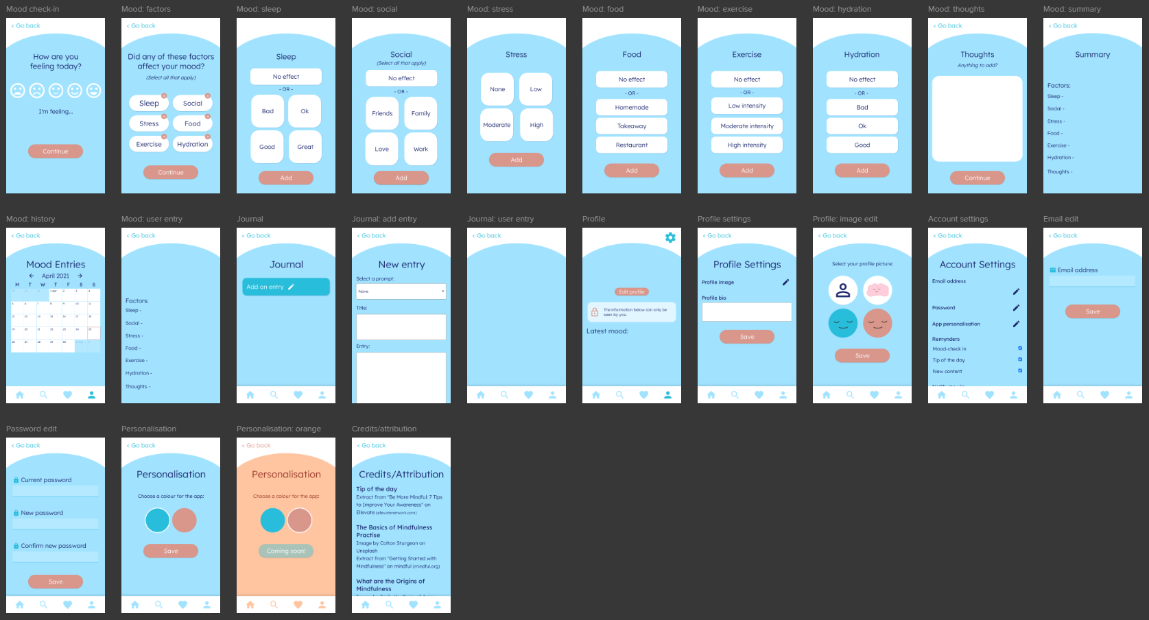 Finished app prototype screens