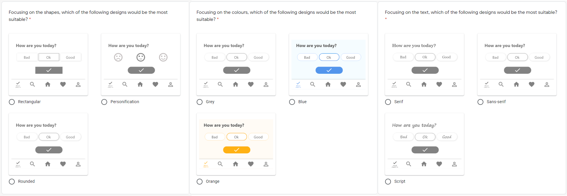 Survey questions asking the participants opinions on design - shape, colour and typeface 